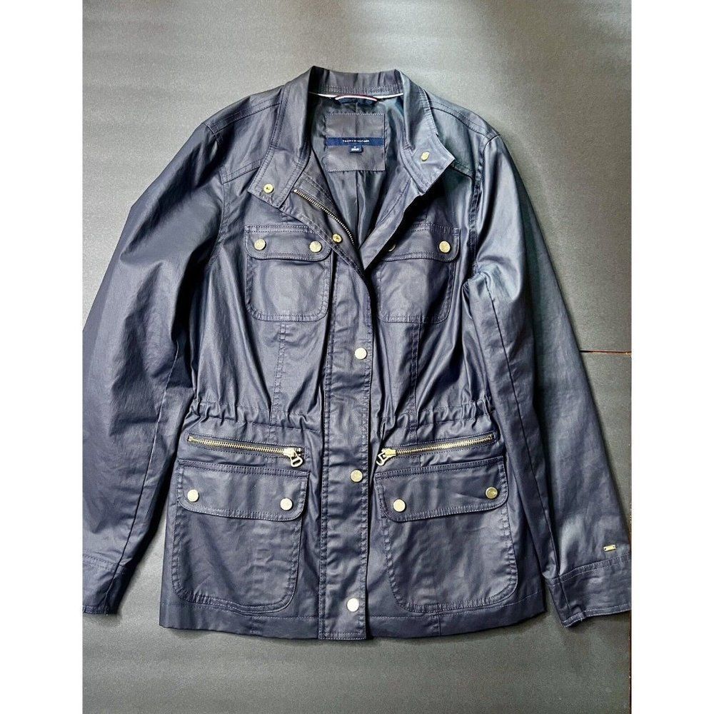 TOMMY HILFIGER Womens Rain Coat / Windbreaker Jacket Navy Blue Gold Size Medium